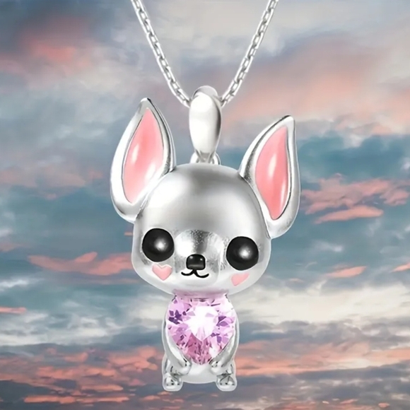 Other - Silver Chihuahua Pendant Necklace with Pink Accents